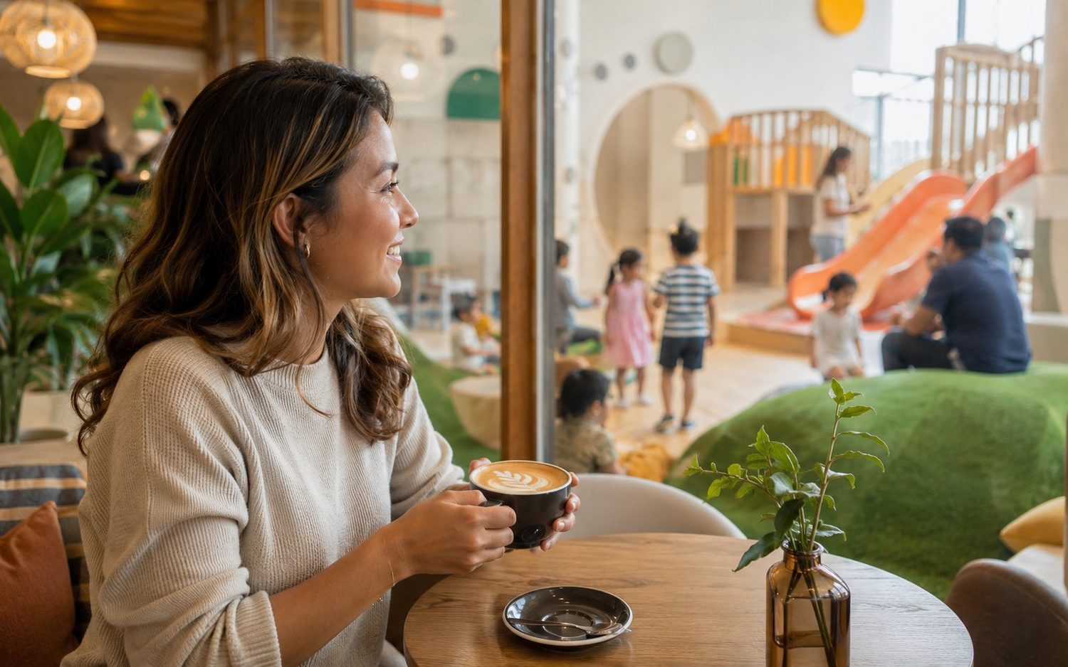 Een ouder geniet van koffie in het ouder­café met zicht op de speeltoestellen