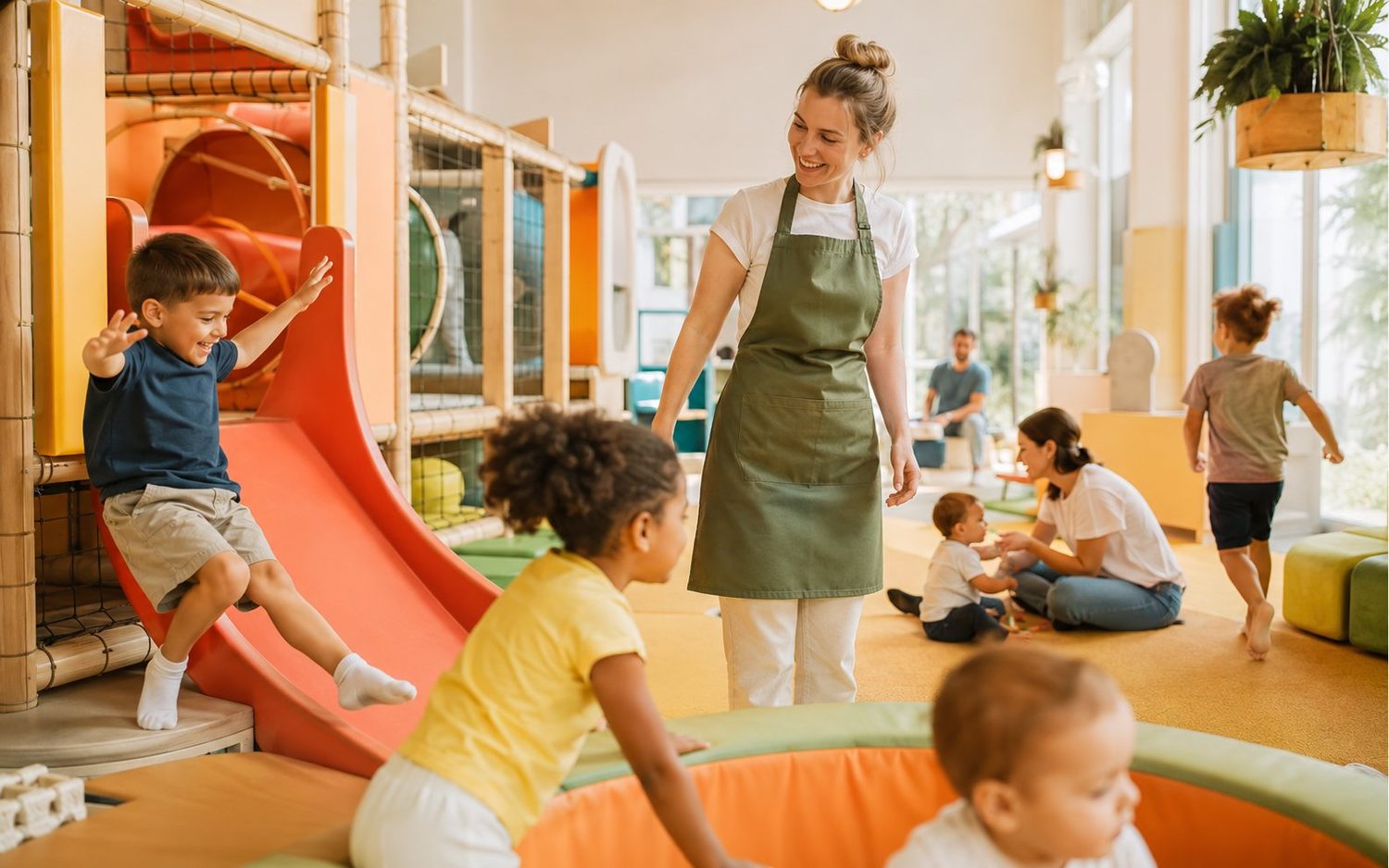 Een medewerker houdt toezicht terwijl kinderen veilig van de glijbaan spelen